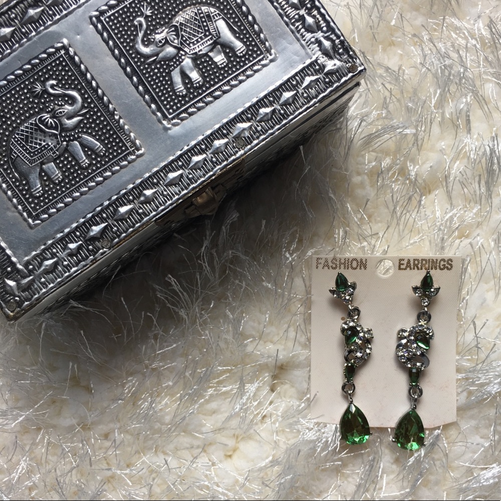 Silver & Green Diamond Drop Earrings